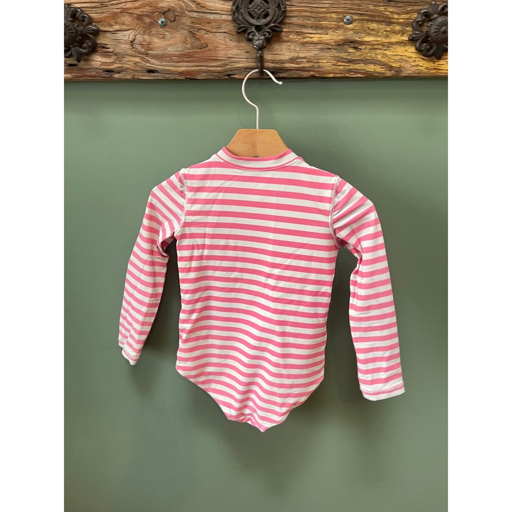 Primary Kids Pink White Striped Long Sleeve Rash‎ Guard Swimsuit Size 4-5 Zip
